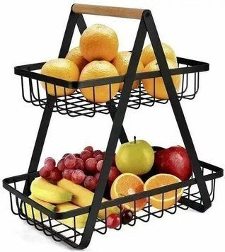 Настольная двухъярусная корзина - фруктовница с деревянной ручкой Double Fruit Basket &middot; Разборная металлическая корзинка для фруктов 52488/00 фото