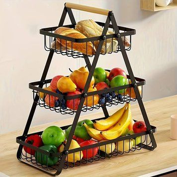 Настольная трехъярусная корзина - фруктовница с деревянной ручкой Triple Fruit Basket &middot; Разборная металлическая корзинка для фруктов 52489/10 фото
